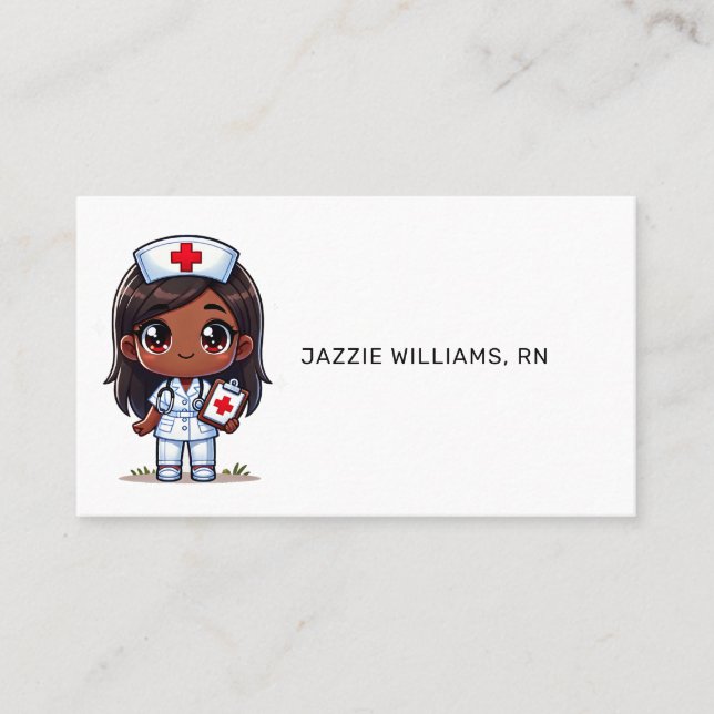 Cute Manga Black Nurse Brown Hair and Eyes Custom Business Card (Front)
