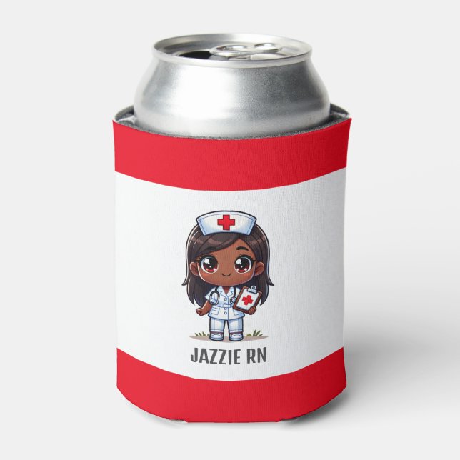 Cute Manga Black Nurse Brown Hair and Eyes Custom Can Cooler (Can Front)