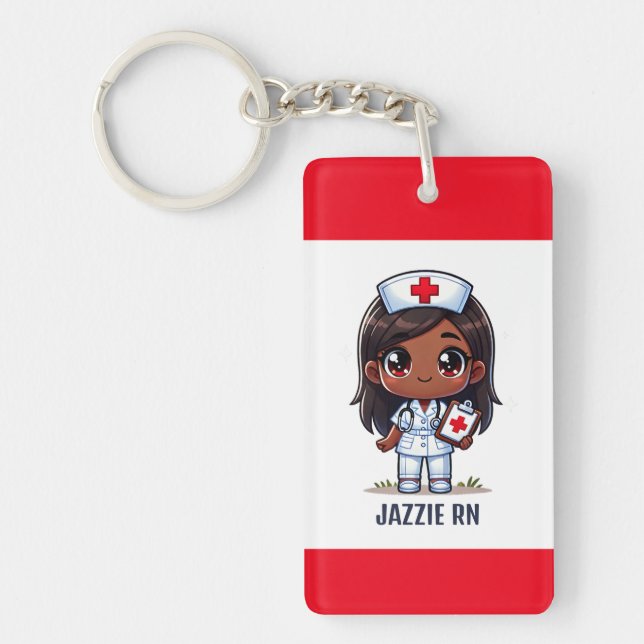 Cute Manga Black Nurse Brown Hair and Eyes Custom Key Ring (Front)