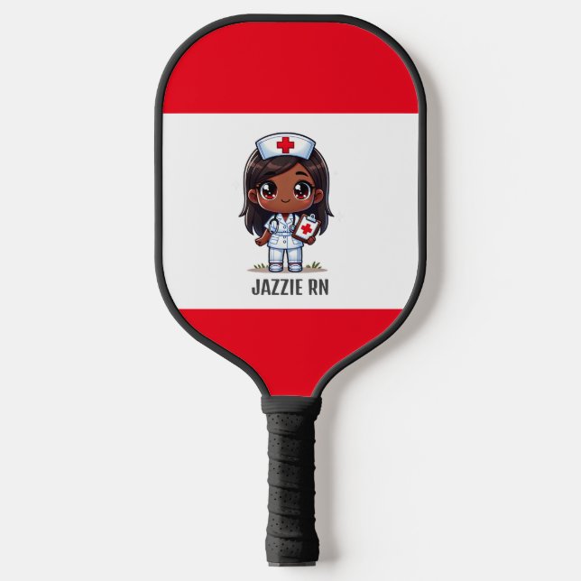 Cute Manga Black Nurse Brown Hair and Eyes Custom Pickleball Paddle (Front)