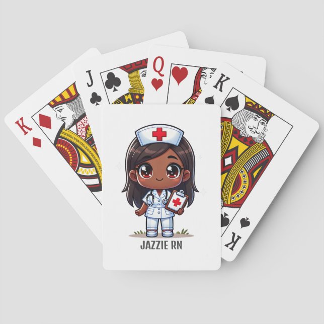 Cute Manga Black Nurse Brown Hair and Eyes Custom Playing Cards (Back)