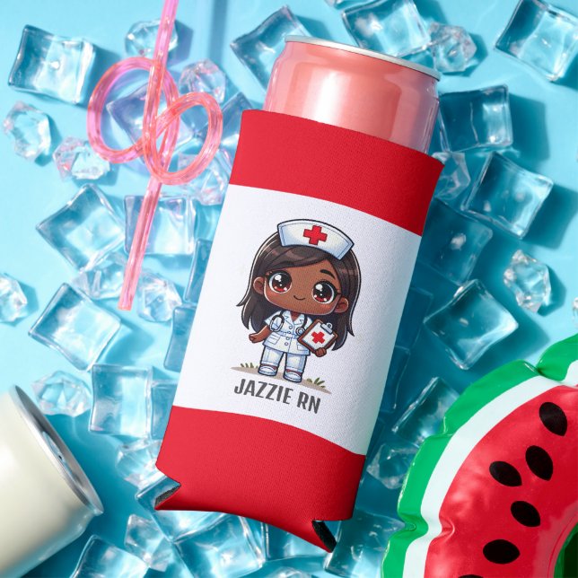Cute Manga Black Nurse Brown Hair and Eyes Custom Seltzer Can Cooler (In Situ Summer)