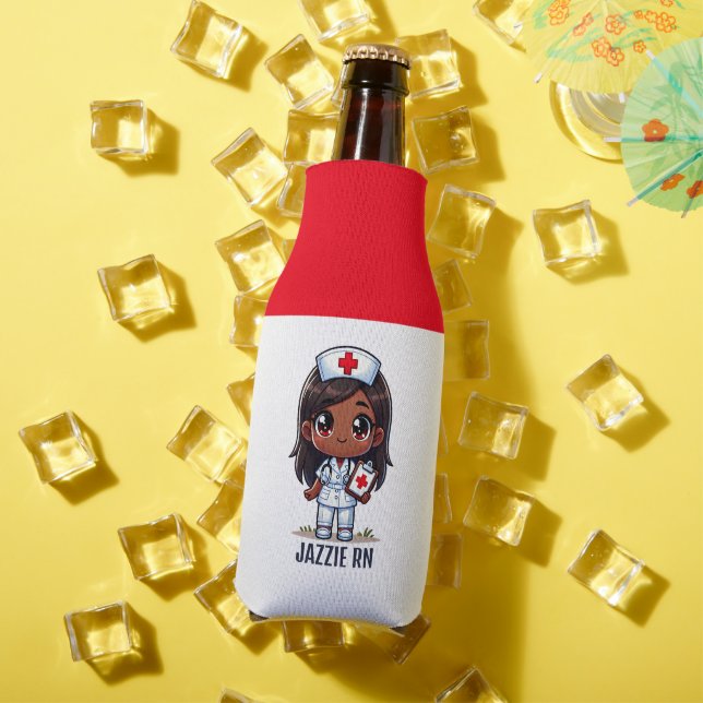 Cute Manga Black Nurse Brunette Brown Eyes Custom Bottle Cooler (In Situ Summer)