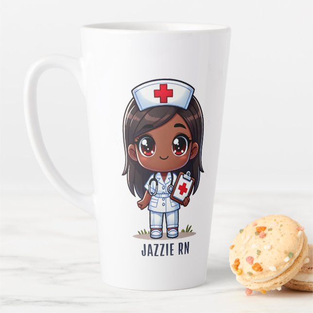 Cute Manga Black Nurse Brunette Brown Eyes Custom Latte Mug (In Situ)
