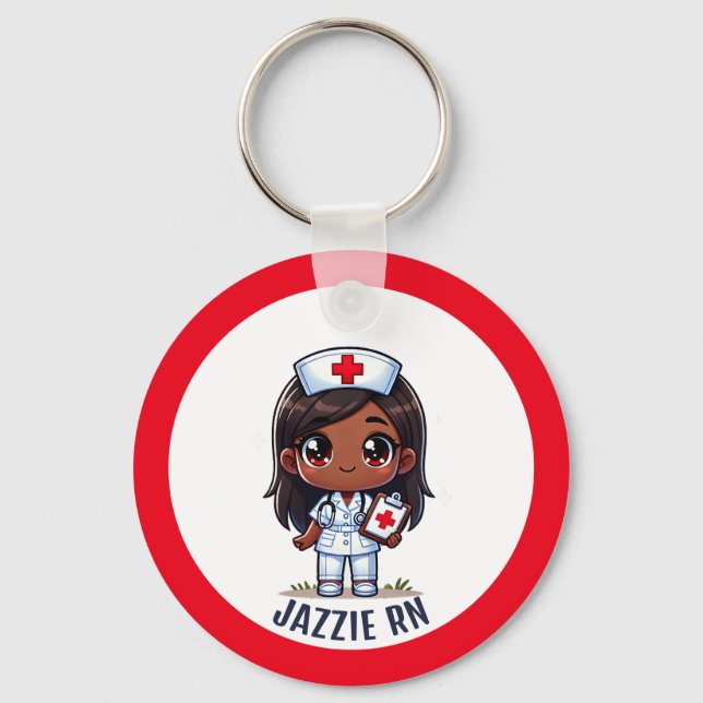 Cute Manga Black Nurse Brunette Caricature Custom Key Ring (Front)