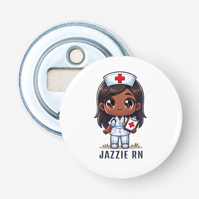 Cute Manga Black Nurse Caricature Personalised Bottle Opener (Front)