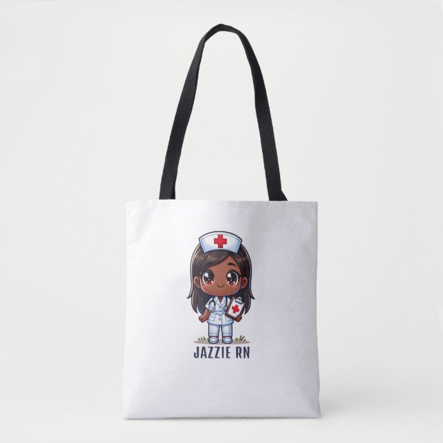 Cute Manga Black Nurse Caricature Personalised Tote Bag (Front)