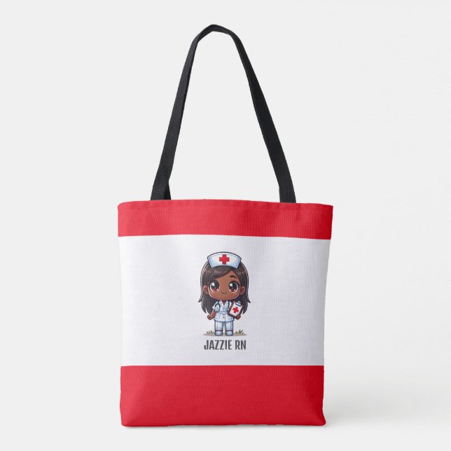 Cute Manga Black Nurse Red Hair and Eyes Custom Tote Bag (Back)