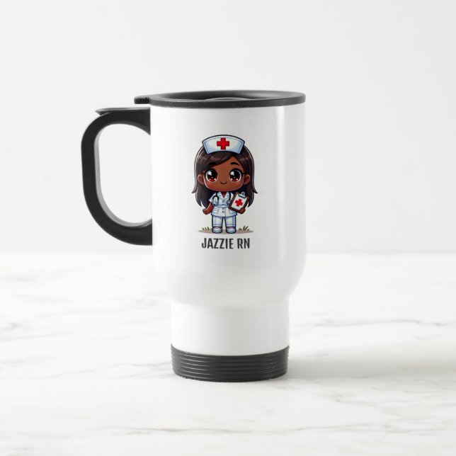 Cute Manga Black Nurse Red Hair and Eyes Custom Travel Mug (Left)