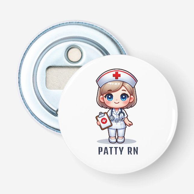 Cute Manga Blonde Nurse Caricature Personalised Bottle Opener (Front)