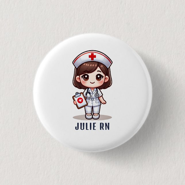 Cute Manga Brunette Nurse Caricature Personalised 3 Cm Round Badge (Front)