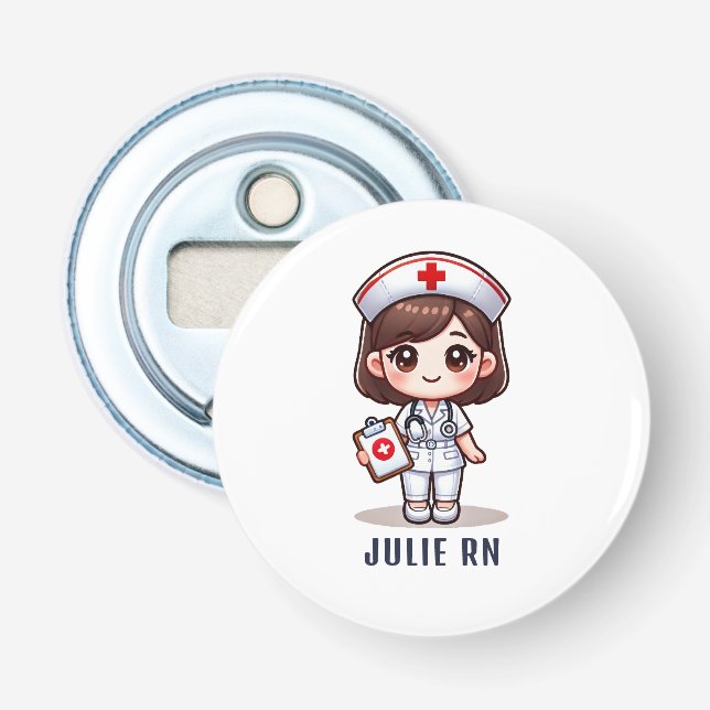 Cute Manga Brunette Nurse Caricature Personalised Bottle Opener (Front)