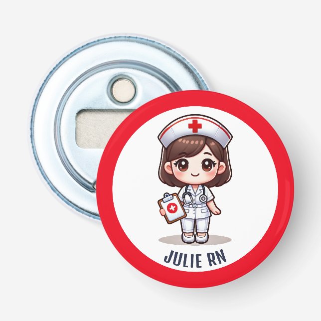 Cute Manga Brunette Nurse Caricature Personalised Bottle Opener (Front)