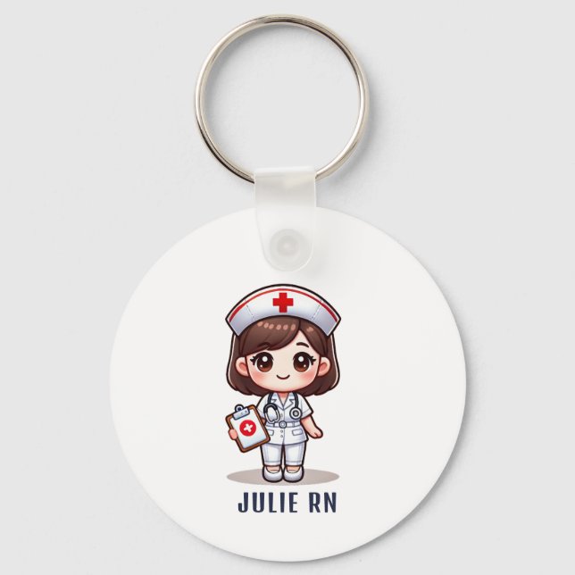 Cute Manga Brunette Nurse Caricature Personalised Key Ring (Front)