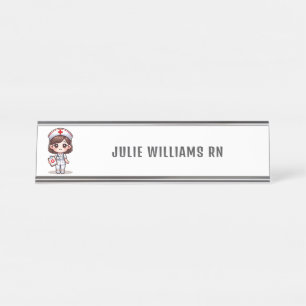 Cute Manga Brunette Nurse Personalised Desk Name Plate
