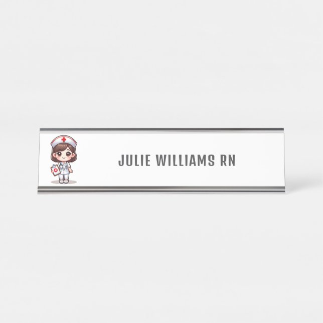 Cute Manga Brunette Nurse Personalised Desk Name Plate (Front)