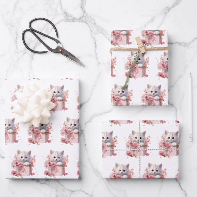 Cute Manga Kitten Pattern Wrapping Paper Sheets  (Front)