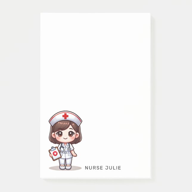 Cute Manga Nurse Brown Hair Caricature Custom Post-it Notes (Front)