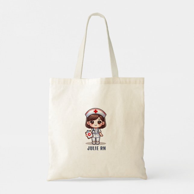 Cute Manga Nurse Brown Hair Caricature Custom Tote Bag (Back)