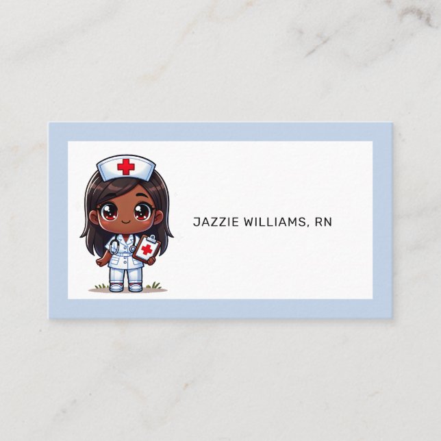 Cute Manga  Nurse Brown Hair Eyes Blue Frame Business Card (Front)