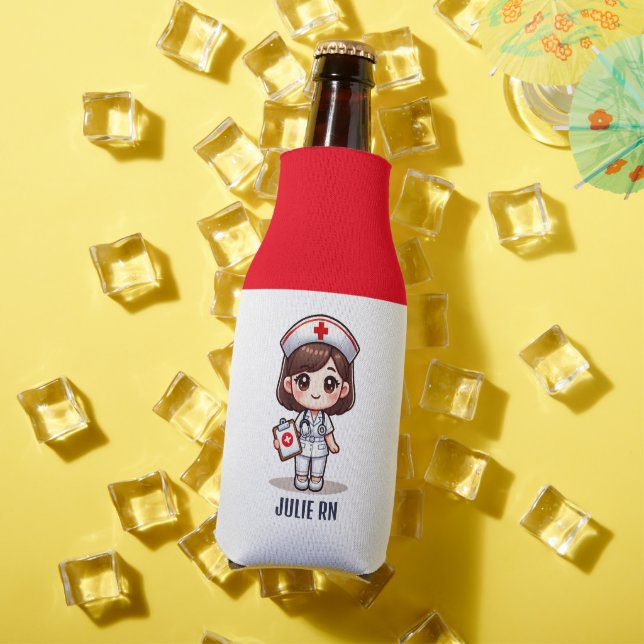 Cute Manga Nurse Brunette Brown Eyes Custom Bottle Cooler (In Situ Summer)