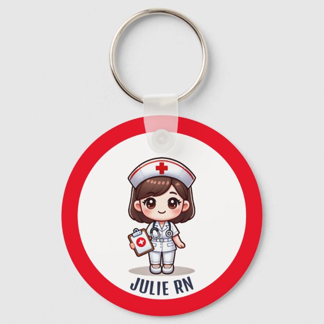 Cute Manga Nurse Brunette Caricature Custom Key Ring (Front)