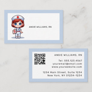 Cute Manga Nurse Red Hair Blue Eyes and Border Business Card