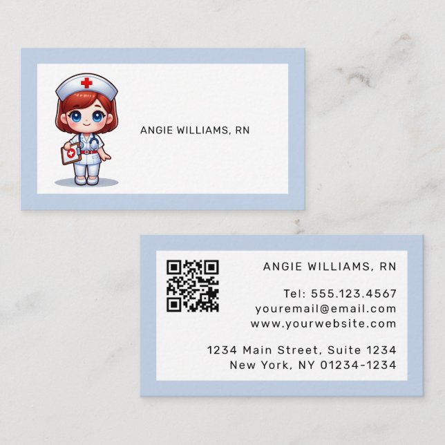Cute Manga Nurse Red Hair Blue Eyes and Border Business Card (Front/Back)