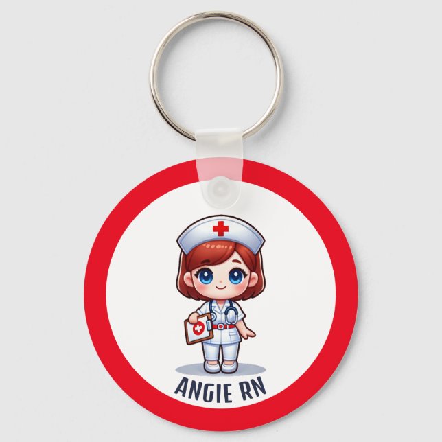 Cute Manga Nurse Redhead Caricature Custom Key Ring (Front)