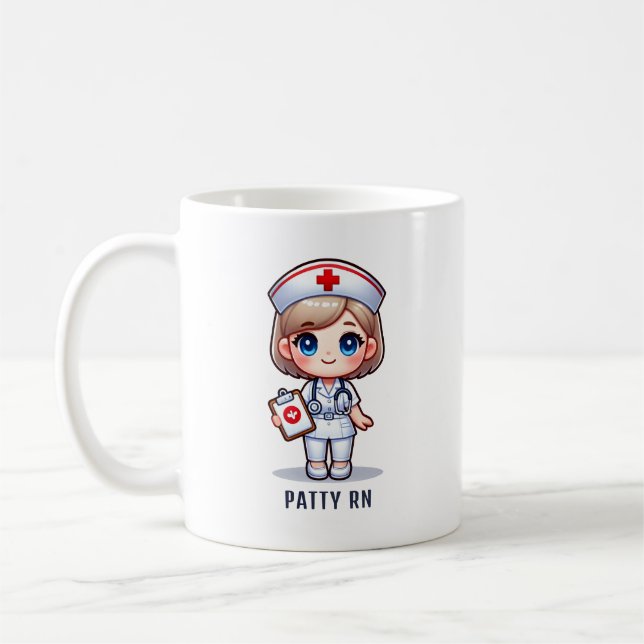 Cute Manga Nurse with Blonde Hair Blue Eyes Custom Coffee Mug (Left)