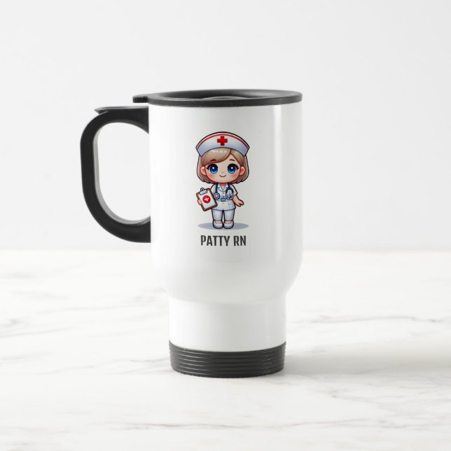 Cute Manga Nurse with Blonde Hair Blue Eyes Custom Travel Mug (Left)