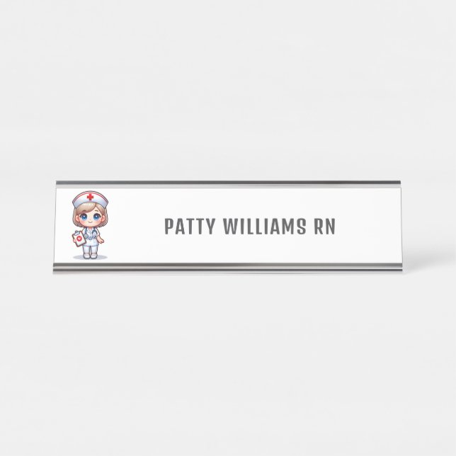 Cute Manga Nurse with Blonde Hair Personalised Desk Name Plate (Front)