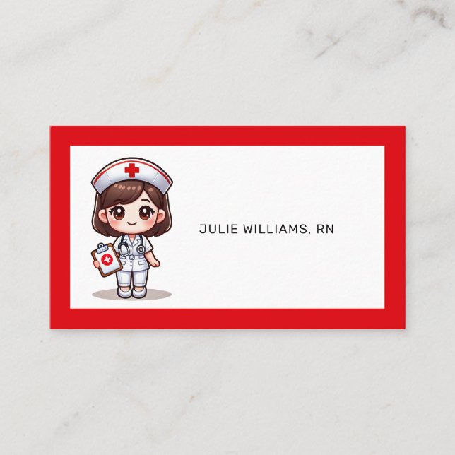 Cute Manga Nurse with Brown Hair Brown Eyes Custom Business Card (Front)