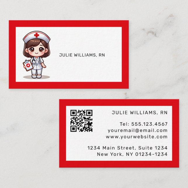 Cute Manga Nurse with Brown Hair Brown Eyes Custom Business Card (Front/Back)