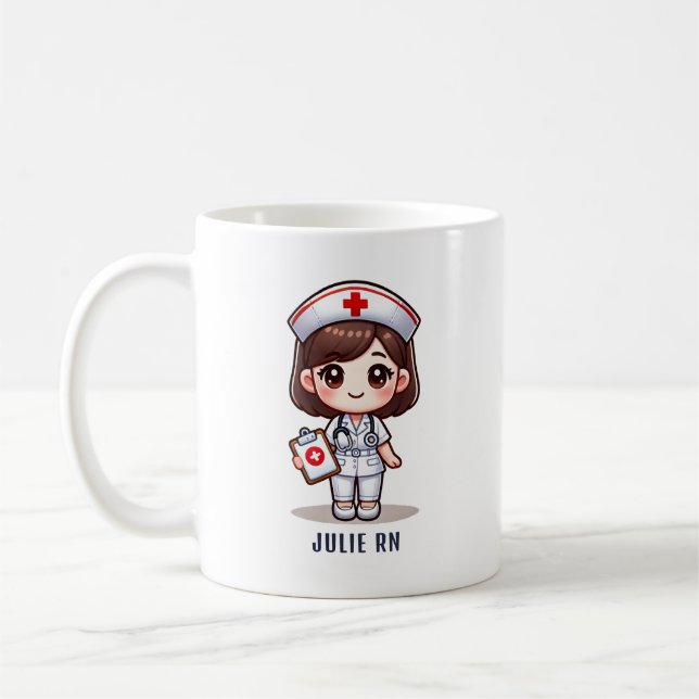 Cute Manga Nurse with Brown Hair Brown Eyes Custom Coffee Mug (Left)