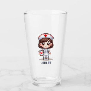 Cute Manga Nurse with Brown Hair Brown Eyes Custom Glass