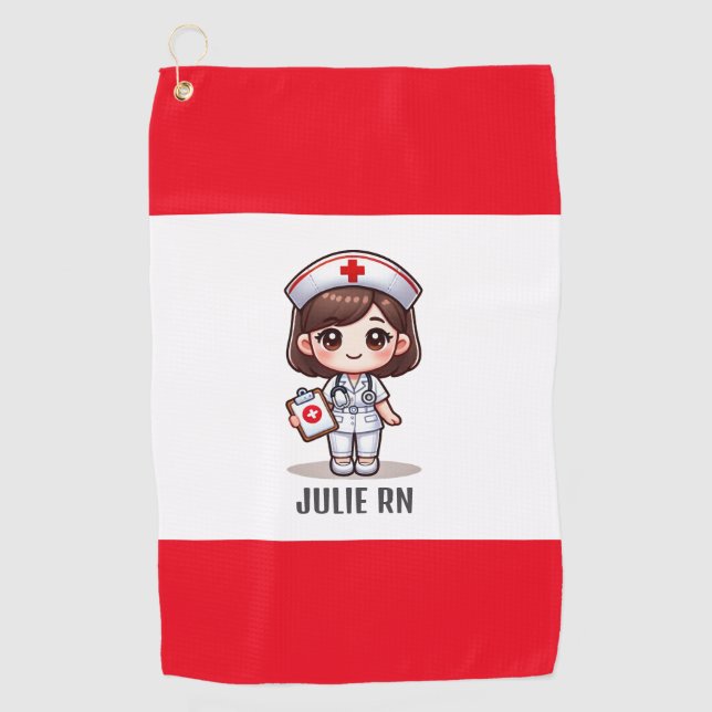 Cute Manga Nurse with Brown Hair Brown Eyes Custom Golf Towel (Front)