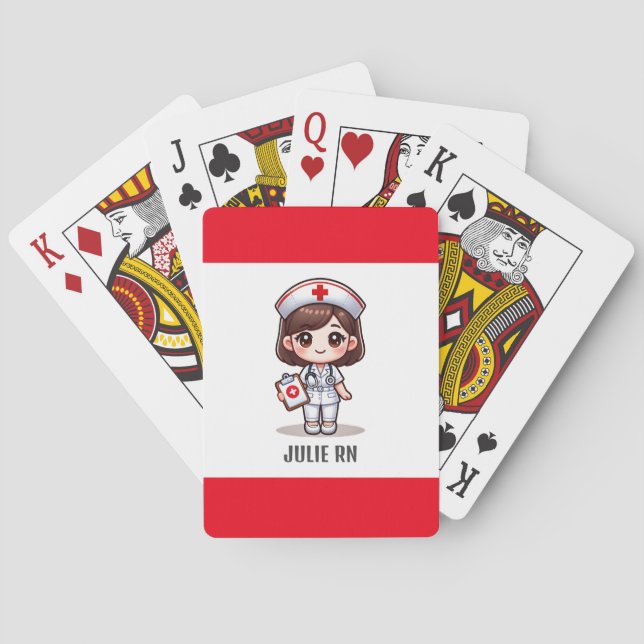 Cute Manga Nurse with Brown Hair Brown Eyes Custom Playing Cards (Back)