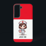 Cute Manga Nurse with Brown Hair Brown Eyes Custom Samsung Galaxy Case<br><div class="desc">This phone case for nurses features a cute Manga nurse with brown hair and brown eyes wearing a nurses cap and outfit with a name to personalise and red borders. Perfect for a nurse or nursing school graduate. Image generated with AI.</div>