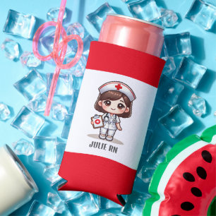 Cute Manga Nurse with Brown Hair Brown Eyes Custom Seltzer Can Cooler