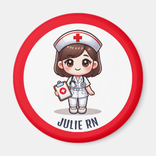 Cute Manga Nurse with Brunette Brown Eyes Custom Magnet