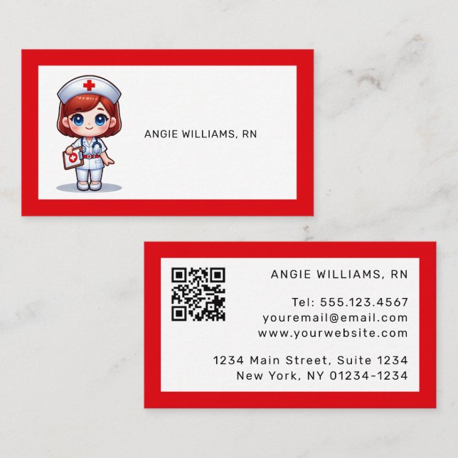 Cute Manga Nurse with Red Hair Blue Eyes Custom Business Card (Front/Back)