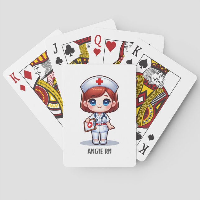 Cute Manga Nurse with Red Hair Blue Eyes Custom Playing Cards (Back)