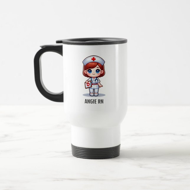 Cute Manga Nurse with Red Hair Blue Eyes Custom Travel Mug (Left)
