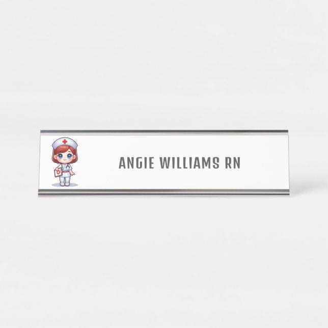Cute Manga Redhead Nurse Personalised Desk Name Plate (Front)