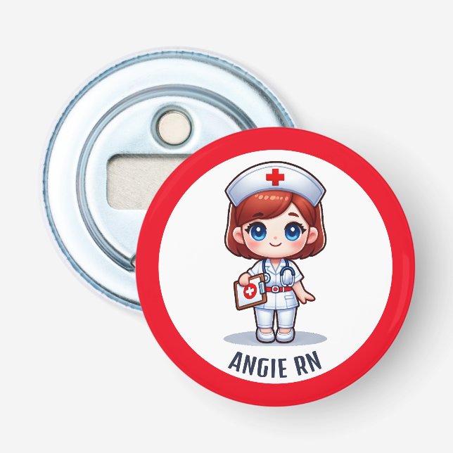 Cute Manga Redheaded Nurse Caricature Personalised Bottle Opener (Front)