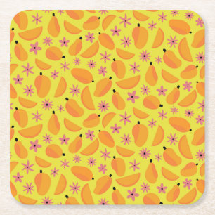 Cute mango fruit and flowers pattern   square paper coaster
