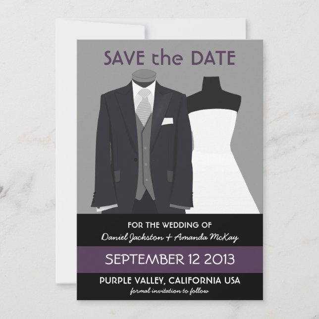 Cute Mannequin Save the Date Purple Wedding (Front)