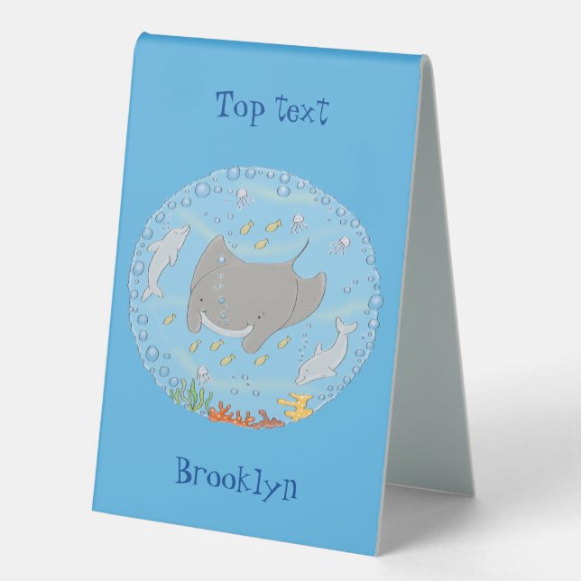Cute manta ray and bubbles cartoon illustration (Front)