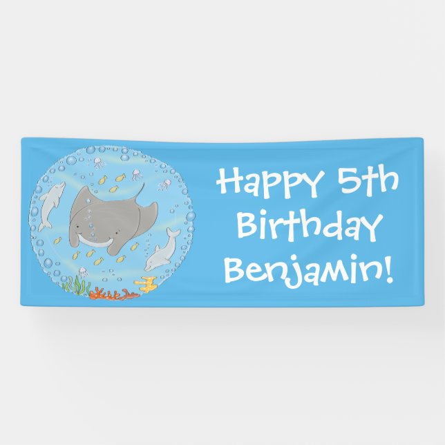 Cute manta ray and bubbles cartoon illustration banner (Horizontal)